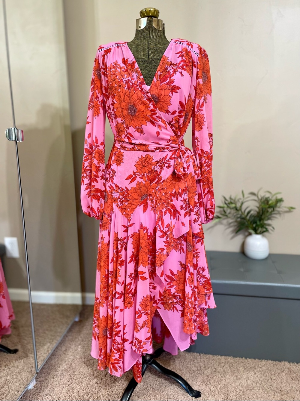 Cabi Drama 5614 Pink Floral Midi Wrap Dress Slip Sheer Chiffon Kimono Party